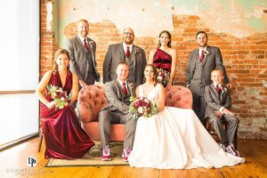 red and gray winter wedding party